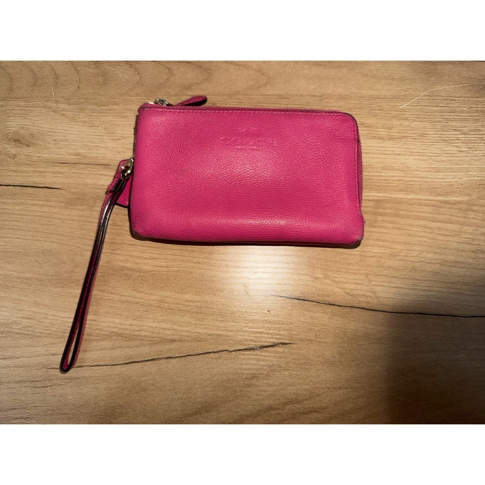 Coach Double Corner Zip Pebble Leather Wristlet Dahlia - F64130 READ F